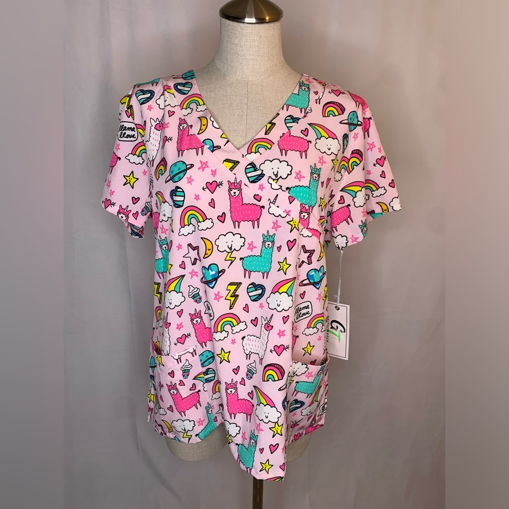 Unicorn llama colorful scrub top L nurse medical uniform comfort stretch CNA VET
